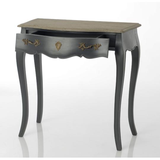 klasicky elegantny sekretar pisaci stol konzolovy stolik sedo modry obciansky mediteransky zdobeny barokovy luxusny mosadznymi uchytkami tmava predsien chodba nabytok.jpg